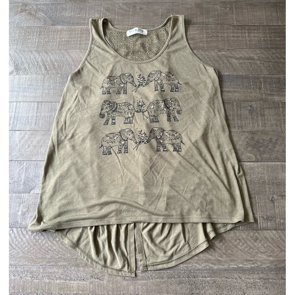 Wound Up Women's Olive Green whimsical elephant floral graphic Tank Size XXL